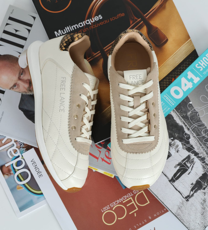 FREE LANCE Sneaker MAIVA - Grained leather/Snake print - White/Beige