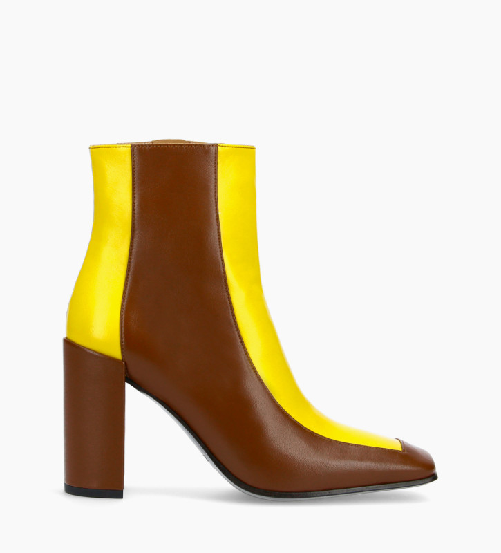 Bi-color squared ankle boot - Bette 85 - Nappa lambskin leather - Dark brown/Yellow