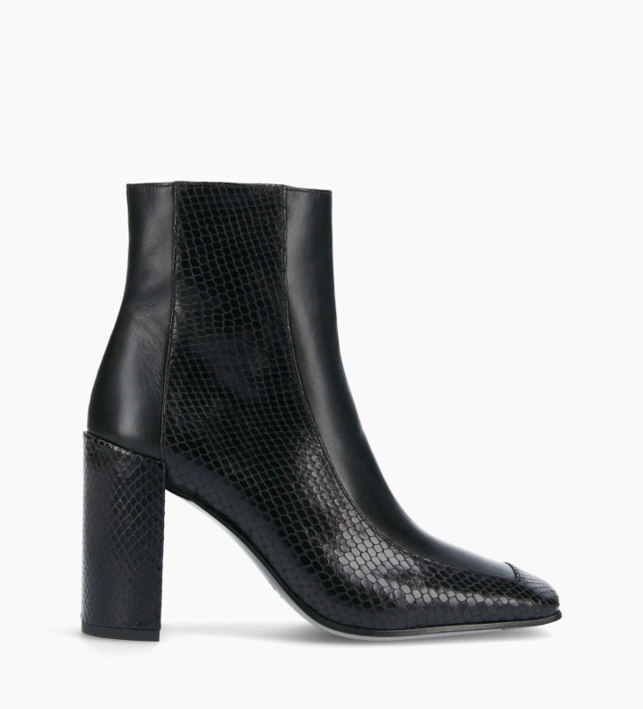 FREE LANCE Bi-material squared ankle boot - Bette 85 - Snake print leather/Nappa lambskin leather - Black