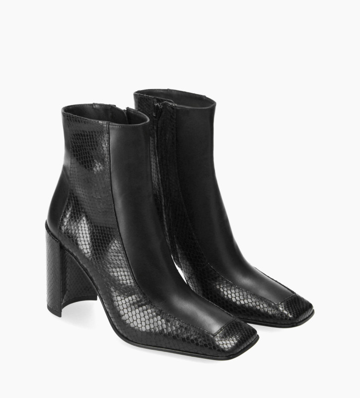 FREE LANCE Bi-material squared ankle boot - Bette 85 - Snake print leather/Nappa lambskin leather - Black
