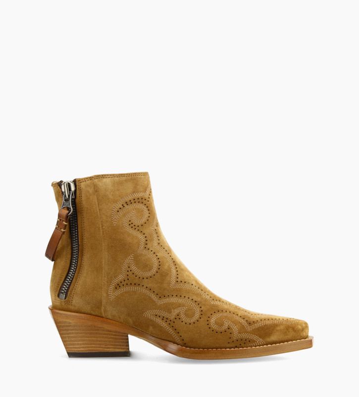 Embroidered Western ankle boot with double zip - Calamity 4 - Suede leather - Brown
