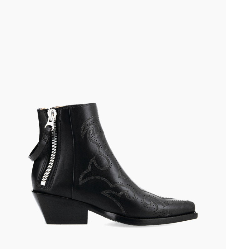 FREE LANCE Embroidered Western ankle boot with double zip - Calamity 4 - Matt smooth calf leather - Black