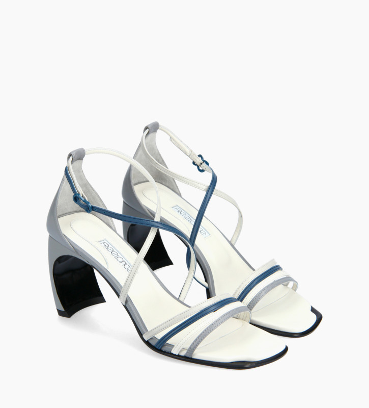 FREE LANCE Sandale à brides croisées à talon - Cambre 70 - Cuir nappa - Bleu ciel/Bleu foncé/Blanc