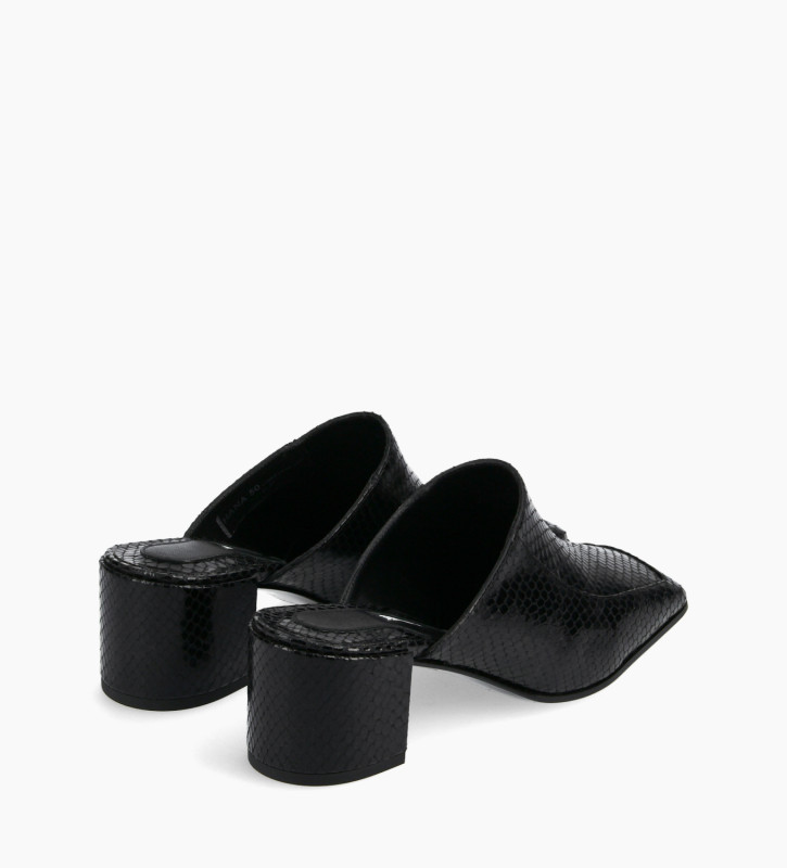 Squared heeled mule - Hana 50 - Snake print leather - Black
