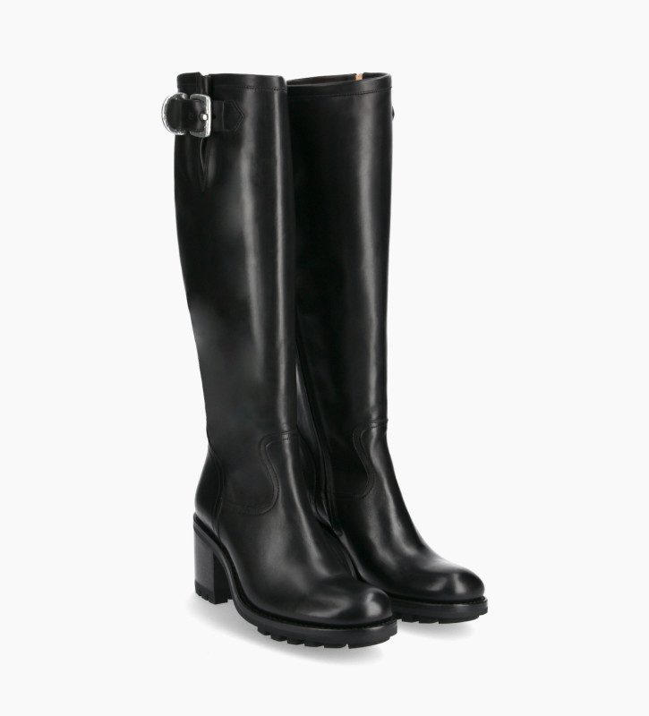 Biker high boot with zip and buckle - Justy 7 - Smooth leather - Black