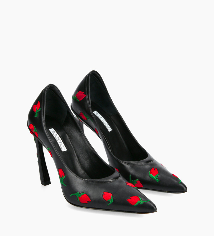 FREE LANCE Embroidered padded pointy stiletto pump - La Rose 100 - Nappa lambskin leather - Black/Red