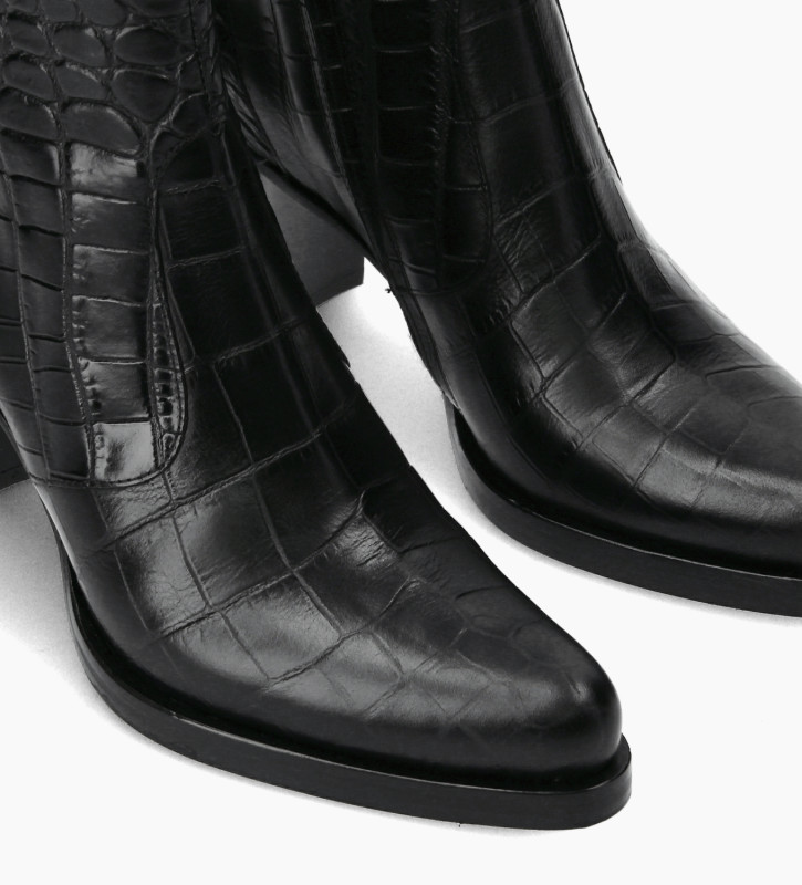 Ankle boot with block heel and zip - Paddy 7 - Croco embossed leather - Black