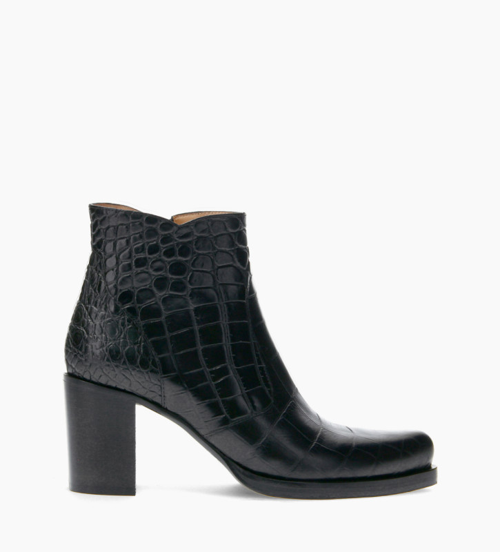 Ankle boot with block heel and zip - Paddy 7 - Croco embossed leather - Black