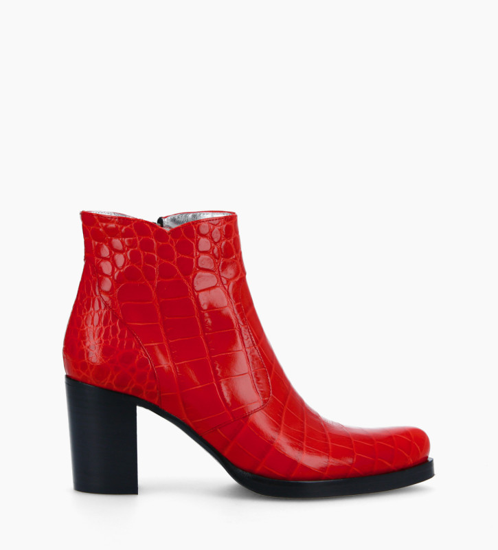 Ankle boot with block heel and zip - Paddy 7 - Croco embossed leather - Red