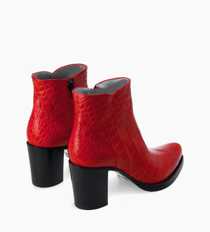 Ankle boot with block heel and zip - Paddy 7 - Croco embossed leather - Red