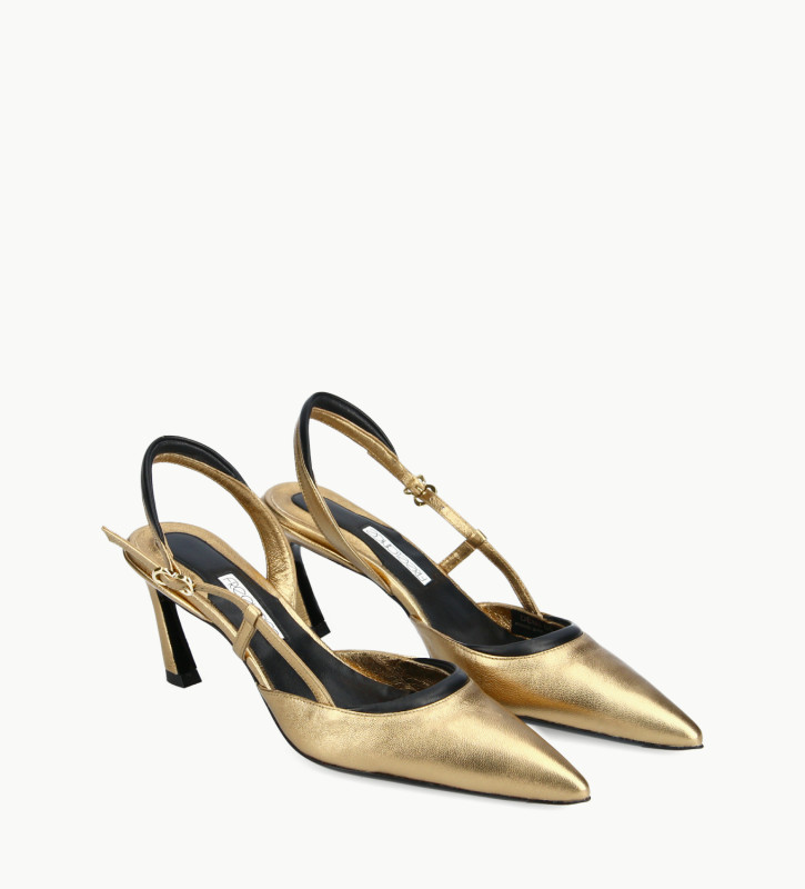 gold slingback pumps