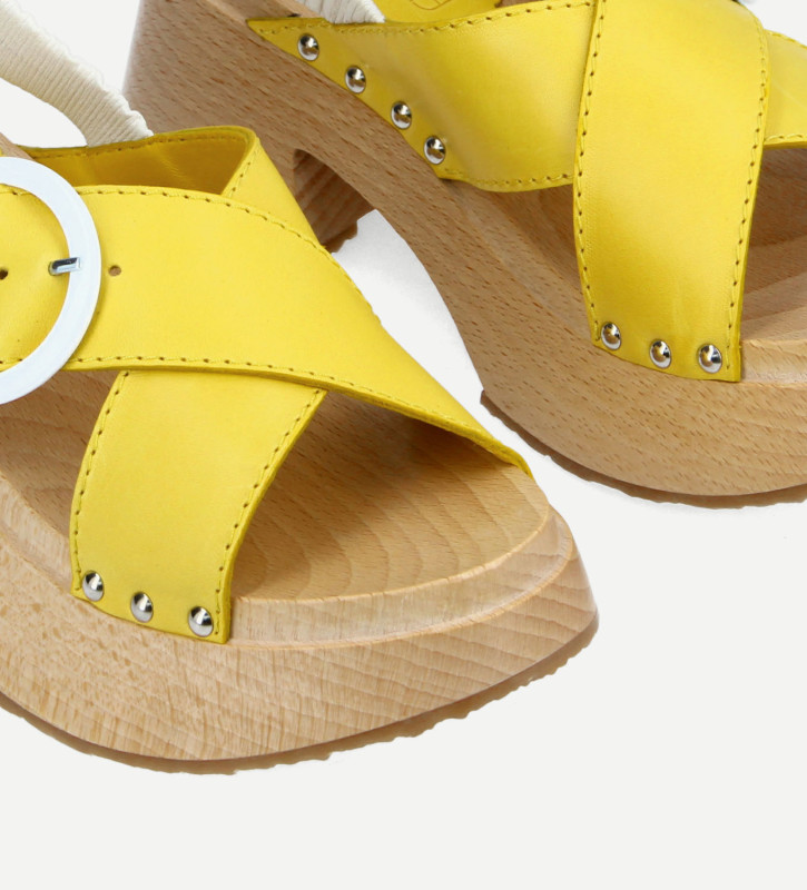 FREE LANCE Cross strap wood sandal - Marguerite 35 - Vegetable tanned leather/Nappa lambskin leather - Yellow/White