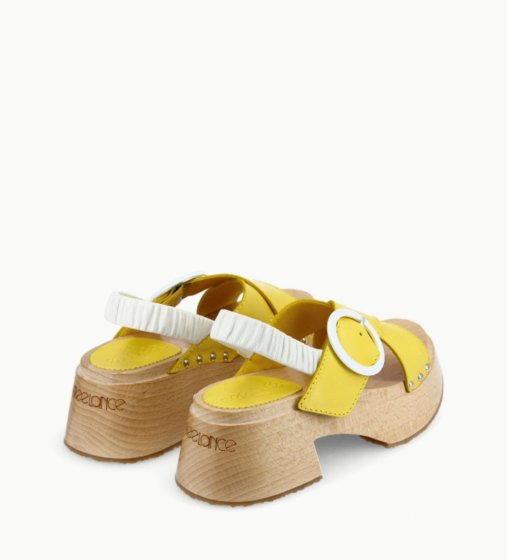 FREE LANCE Cross strap wood sandal - Marguerite 35 - Vegetable tanned leather/Nappa lambskin leather - Yellow/White