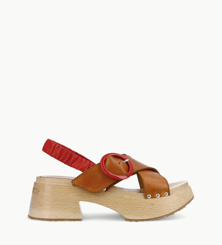 FREE LANCE Cross strap wood sandal - Marguerite 35 - Vegetable tanned leather/Nappa lambskin leather - Camel/Red