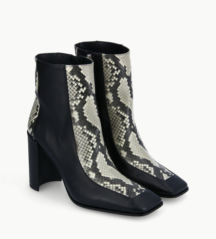 FREE LANCE Bi-material squared ankle boot - Bette 85 - Snake print leather/Nappa lambskin leather - Beige/Black