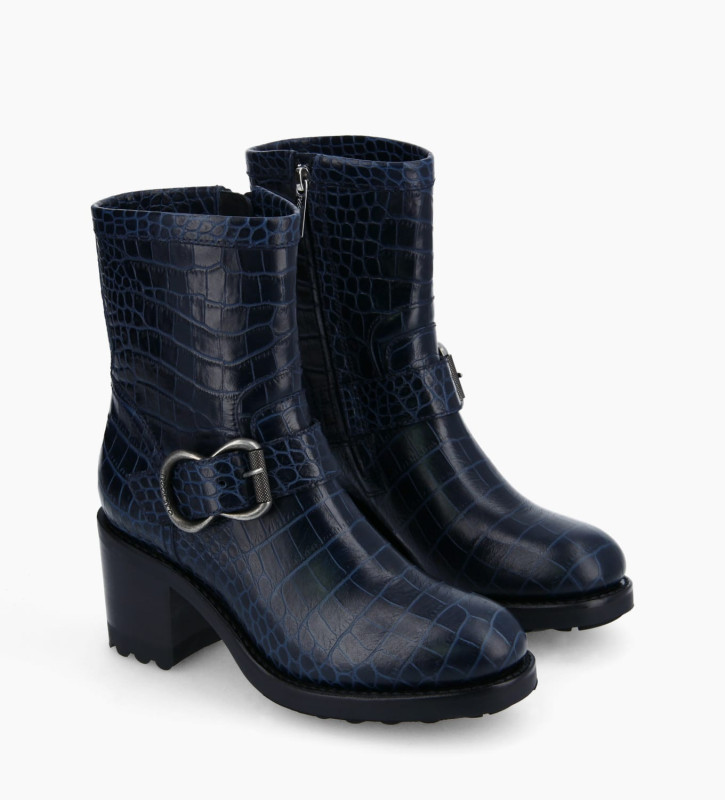 Zipped biker boot - Thorn 75 - Croco embossed leather - Navy