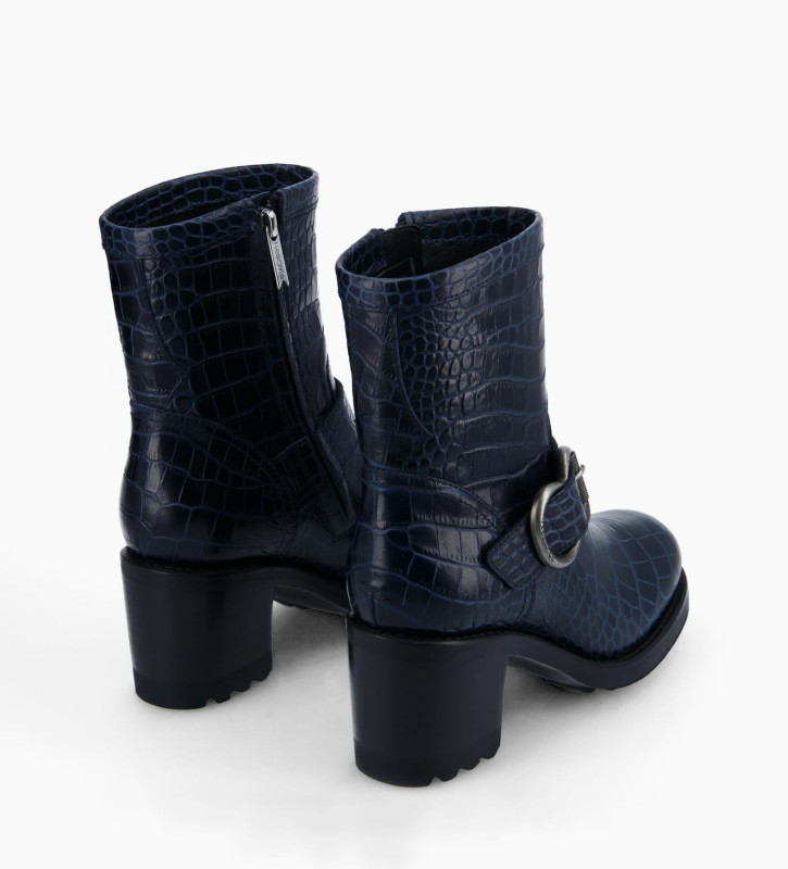 Zipped biker boot - Thorn 75 - Croco embossed leather - Navy