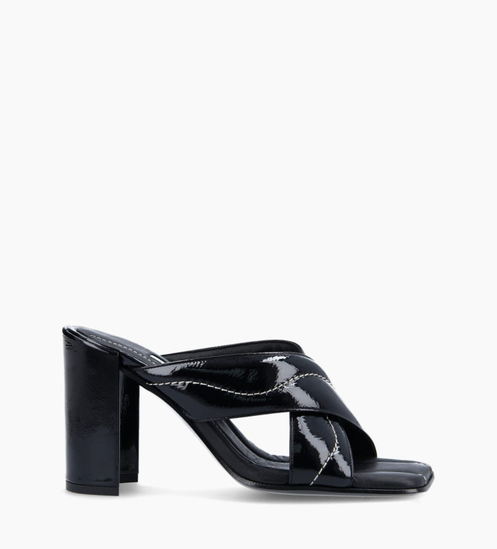 Cross strap heeled mule - Bibi 85 - Naplak patent leather - Black
