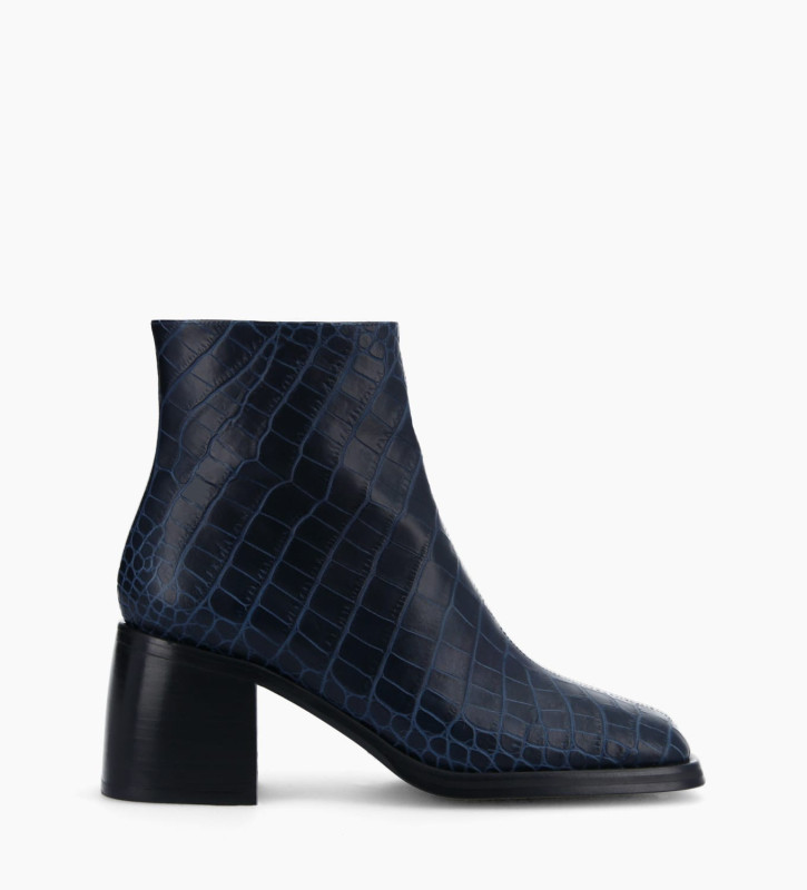 Squared ankle boot - Gray 70 - Croco embossed leather - Navy
