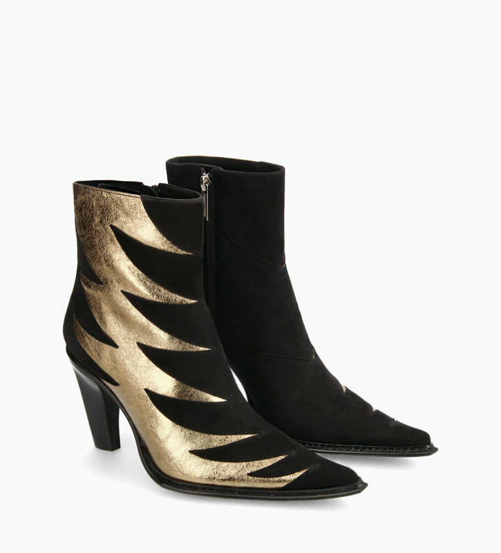 FREE LANCE Western heeled boot - Dree 85 - Cashmere leather/Metallic grained leather - Black/Gold