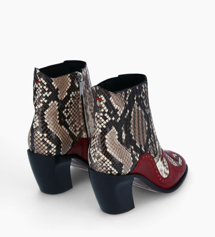 Western heeled boot - Bobbi 65 - Nappa leather/Snake print leather - Bordeaux/Light brown