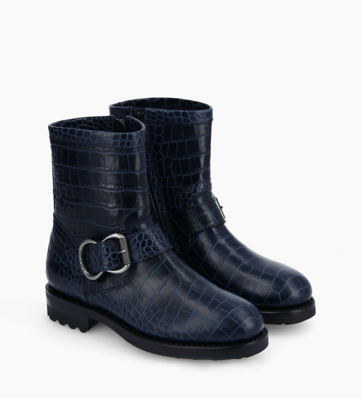 Zipped biker boot - Thorn 35 - Croco embossed leather - Navy