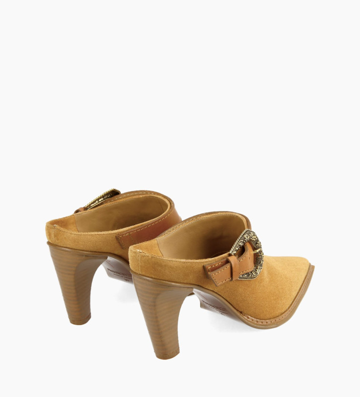 Western heeled mule - Storm 85 - Suede leather/Vegetable tanned leather - Camel