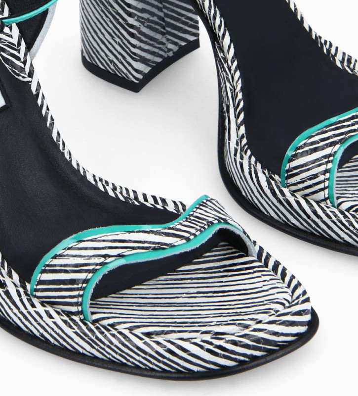 Heeled sandal - Liza 105 - Striped leather/Patent leather - White/Black/Turquoise
