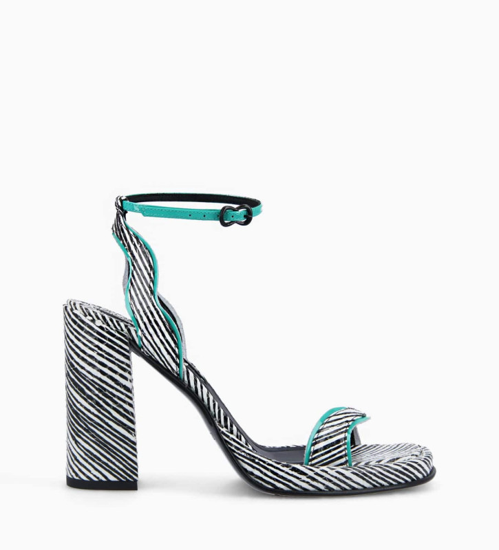 Heeled sandal - Liza 105 - Striped leather/Patent leather - White/Black/Turquoise