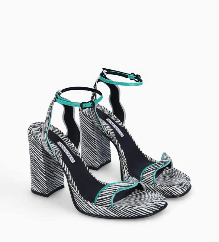 Sandale à talon - Liza 105 - Cuir à rayures/Cuir verni - Blanc/Noir/Turquoise