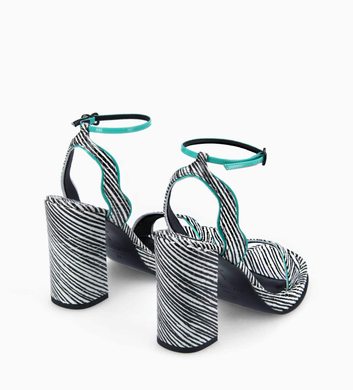 Sandale à talon - Liza 105 - Cuir à rayures/Cuir verni - Blanc/Noir/Turquoise