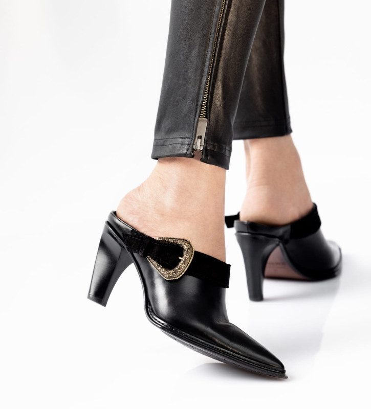Western heeled mule - Storm 85 - Calf smooth leather/Suede leather - Black