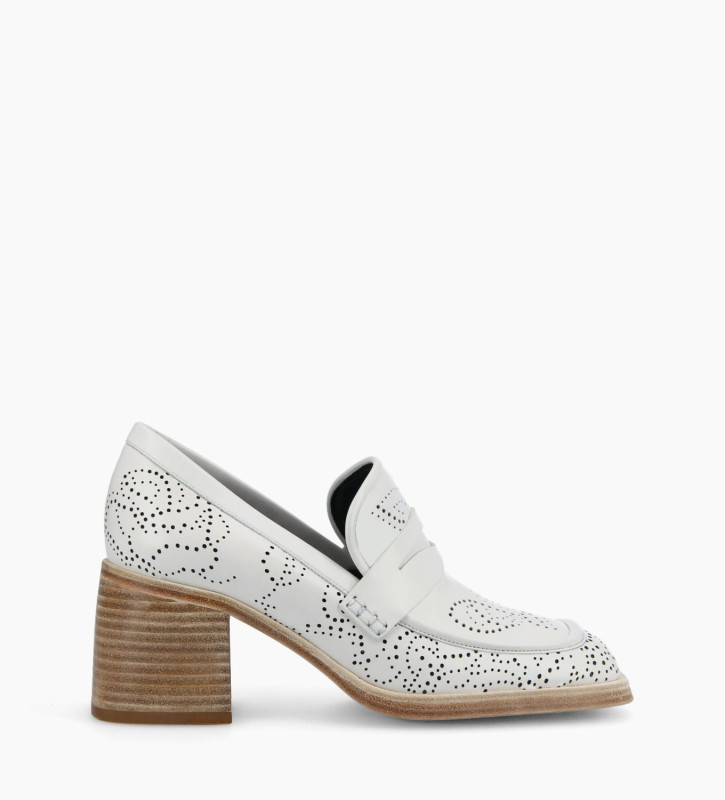 Squared heeled loafer - Anaïs 70 - Perforated box calf leather - White