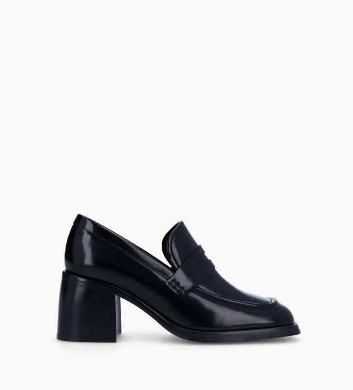 Squared heeled loafer - Anaïs 70 - Glazed leather - Black