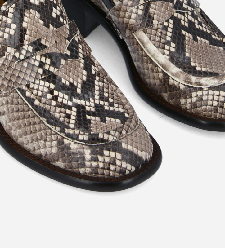 FREE LANCE Squared heeled loafer - Anaïs 50 - Snake print leather - Light brown