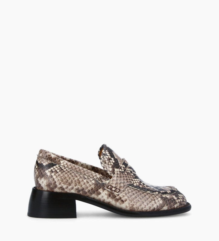 Squared heeled loafer Anaïs 50 Snake print leather Light brown Free ...