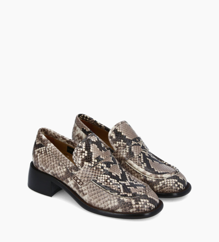 FREE LANCE Squared heeled loafer - Anaïs 50 - Snake print leather - Light brown