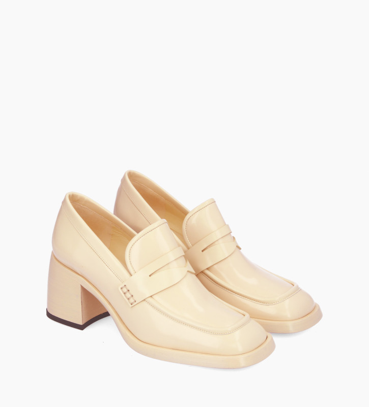 Squared heeled loafer - Anaïs 70 - Glazed leather - Beige