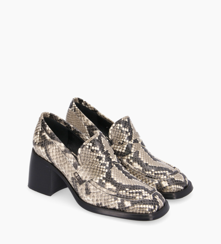 Squared heeled loafer - Anaïs 70 - Snake print leather - Light brown