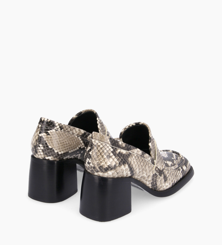 Squared heeled loafer - Anaïs 70 - Snake print leather - Light brown
