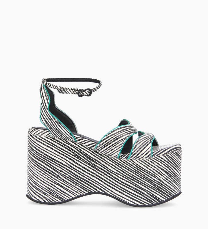 Wedge sandal - Lill 105 - Striped leather - White/Black/Turquoise