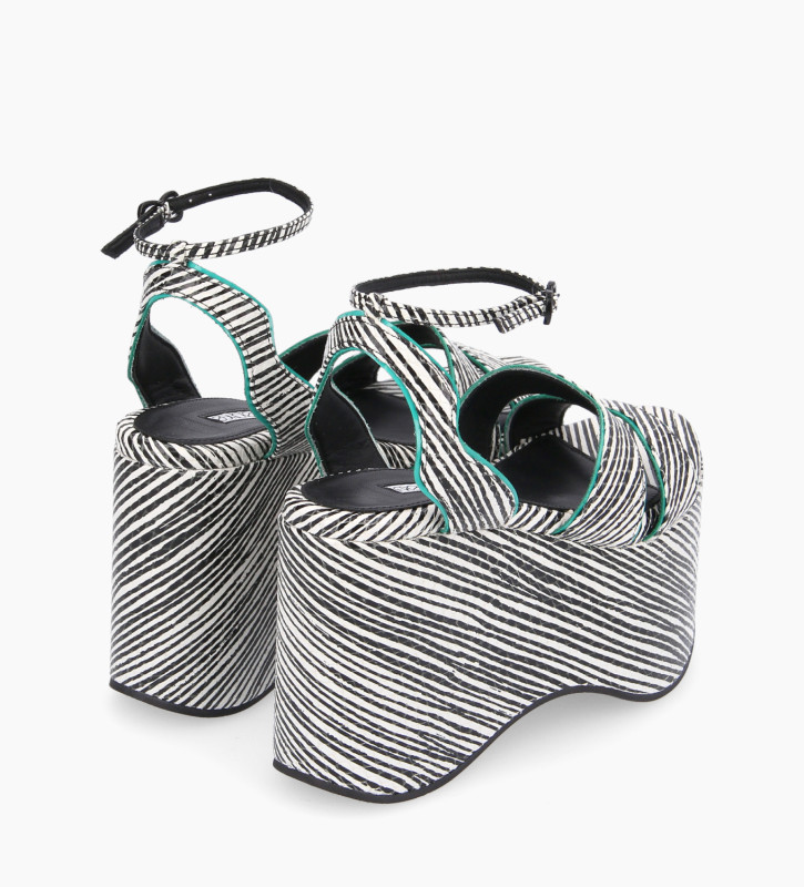 Wedge sandal - Lill 105 - Striped leather - White/Black/Turquoise