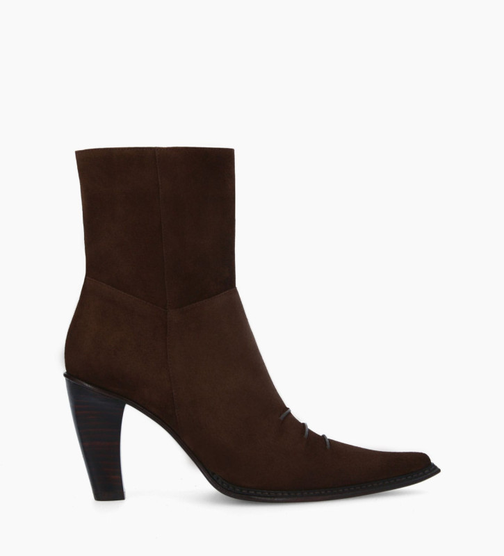 Heeled Western ankle boot - West 85 - Suede leather - Dark brown