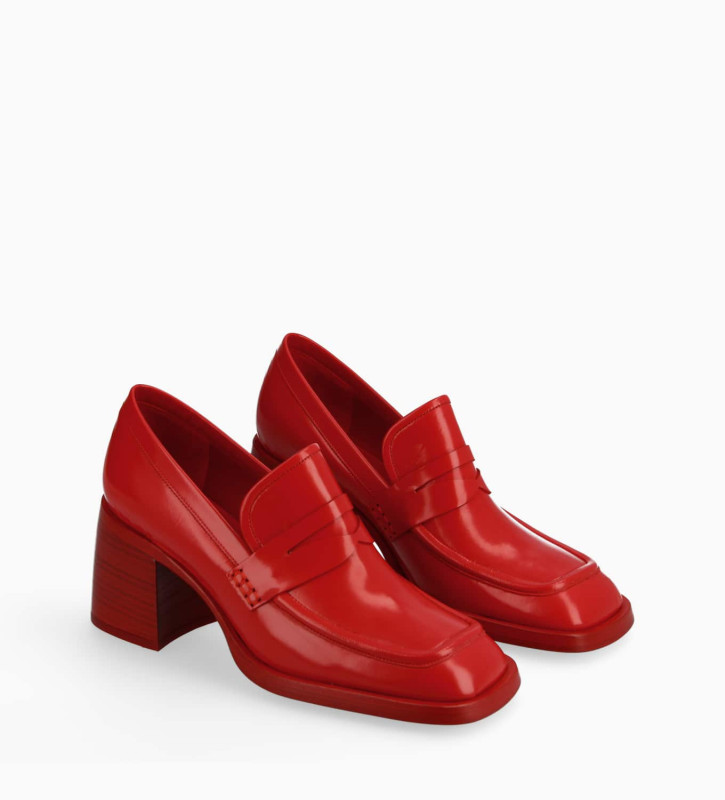 Squared heeled loafer - Anaïs 70 - Glazed leather - Red
