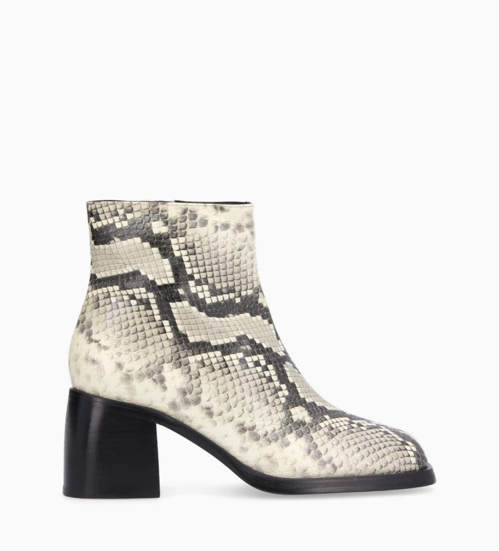 Squared ankle boot - Gray 70 - Snake print leather - Beige