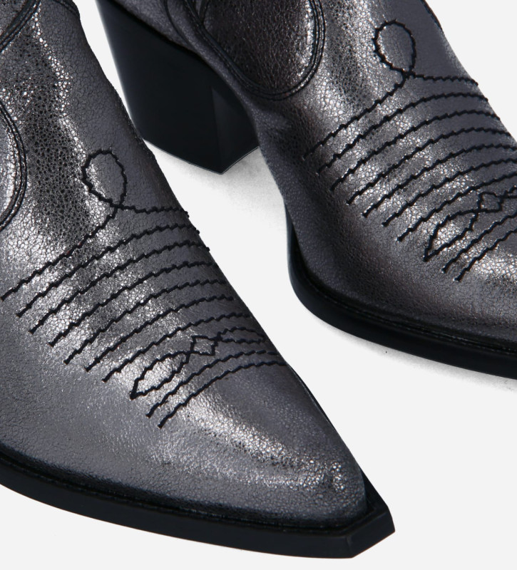 Embroidered western chelsea boot - Simone 50 - Metallic leather - Charcoal grey
