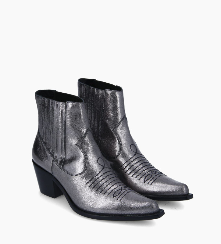 Embroidered western chelsea boot - Simone 50 - Metallic leather - Charcoal grey