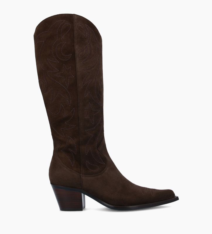 free lance Ruby 50 Botte western brodée à talon Cuir velours Marron foncé