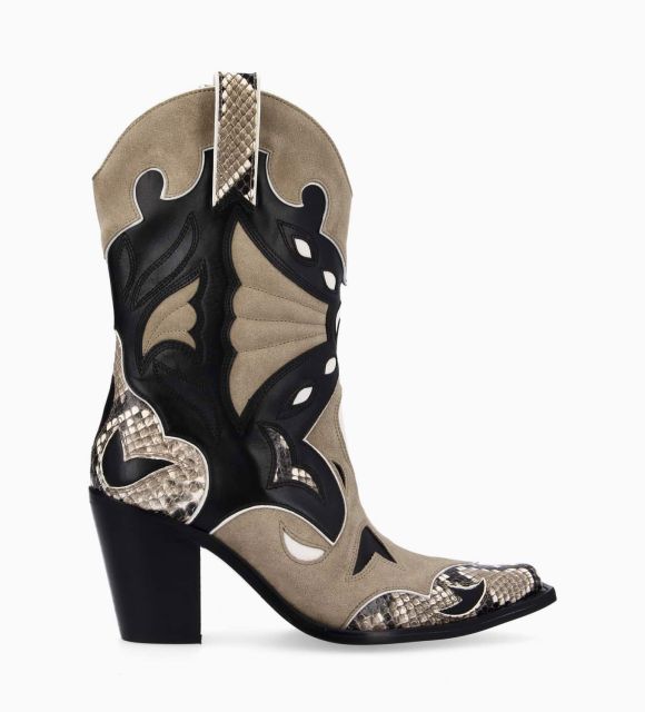 Western Boot in Heel - Andrea 80 - piele de vițel/catifea/nappa/șarpe - negru/bej/taupe
