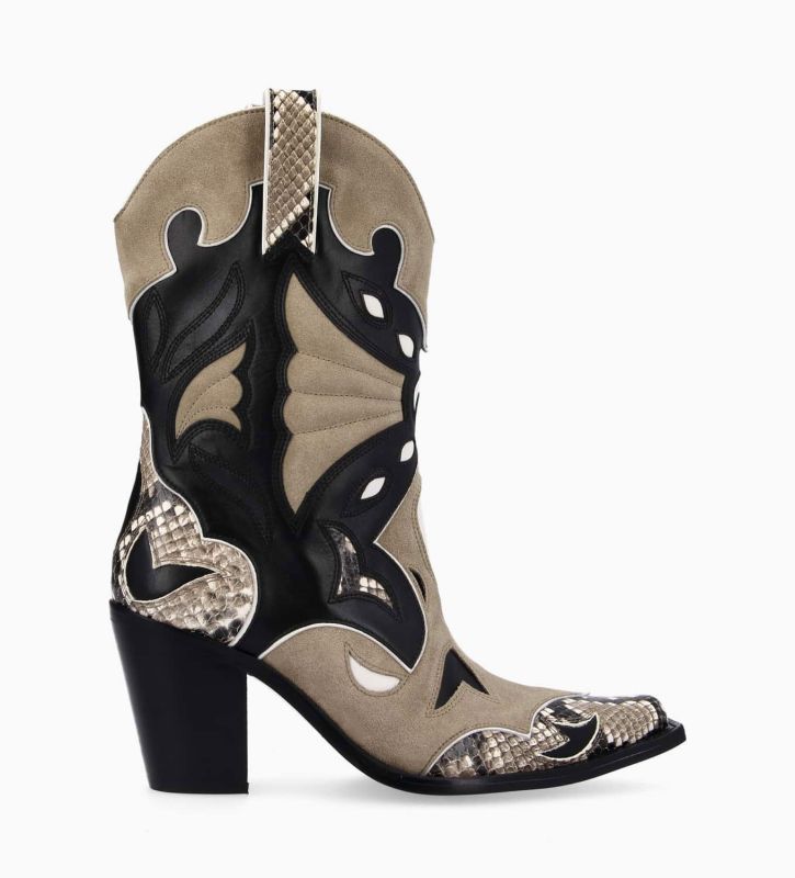 Botte western à talon Andrea 80 Cuir de veau/Velours/Nappa/Serpent  Noir/Beige/Taupe Free Lance pour femme